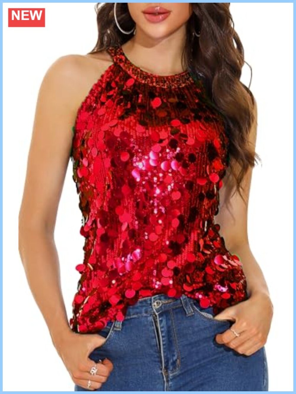 Halter Sequin Tank Top Sleeveless Sparkly Glitter Party Top